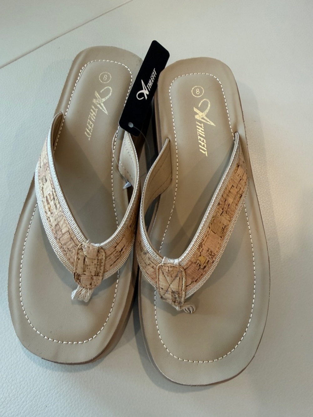 Athlefit Women’s Beige Cork-Detail Thong Sandals